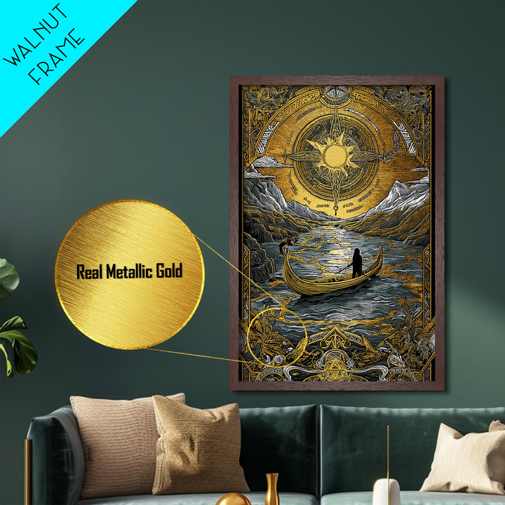 Mystical Compass Artwork, Celestial Sun And Boat Journey Wall Art, Metallic Gold Metal Print, Real Wood Frame, Mythology Decor