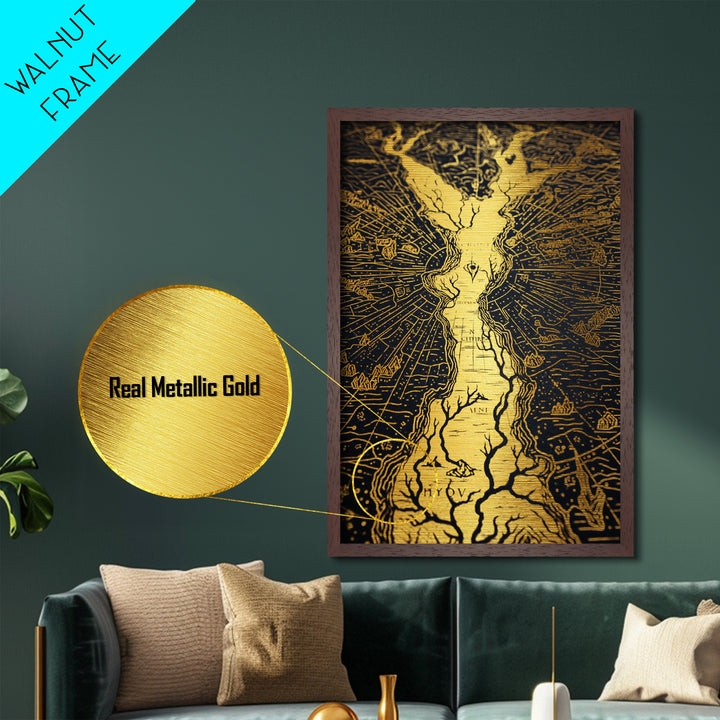 Ancient River Map Artwork, Mythical Golden Waterways Wall Art, Metallic Gold Metal Print, Real Wood Frame, Esoteric Decor