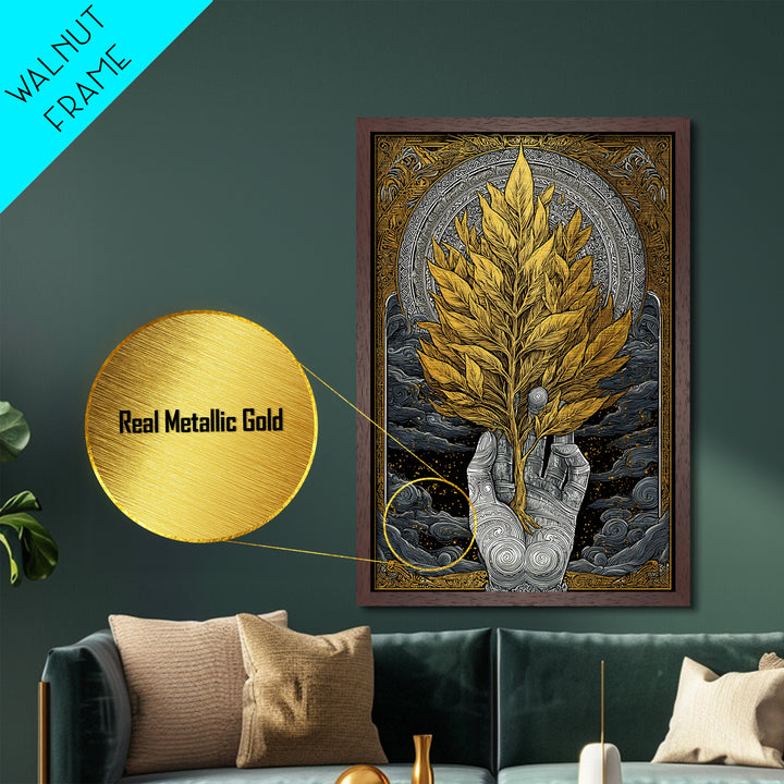 Hand With Golden Leaves Artwork, Mythical Nature Symbol Wall Art, Metallic Gold Metal Print, Real Wood Frame, Sacred Decor