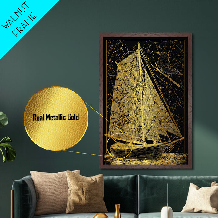 Golden Sailboat Artwork, Mythical Nautical Journey Wall Art, Metallic Gold Metal Print, Real Wood Frame, Celestial Decor