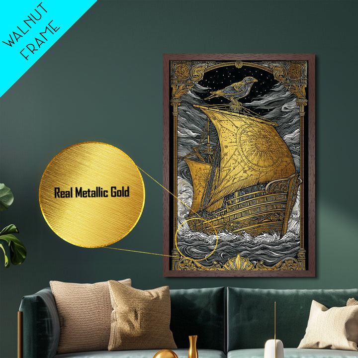 Ancient Ship Artwork, Nautical Journey With Bird Symbol Wall Art, Mythical Celestial Voyage, Metallic Gold Metal Print, Real Wood Frame