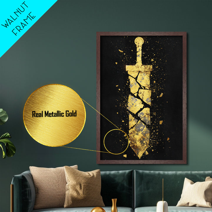 Shattered Sword Artwork, Exploding Blade Symbol Wall Art, Mythical Weapon Design, Ancient Esoteric Decor, Metallic Gold Metal Print, Real Wood Frame