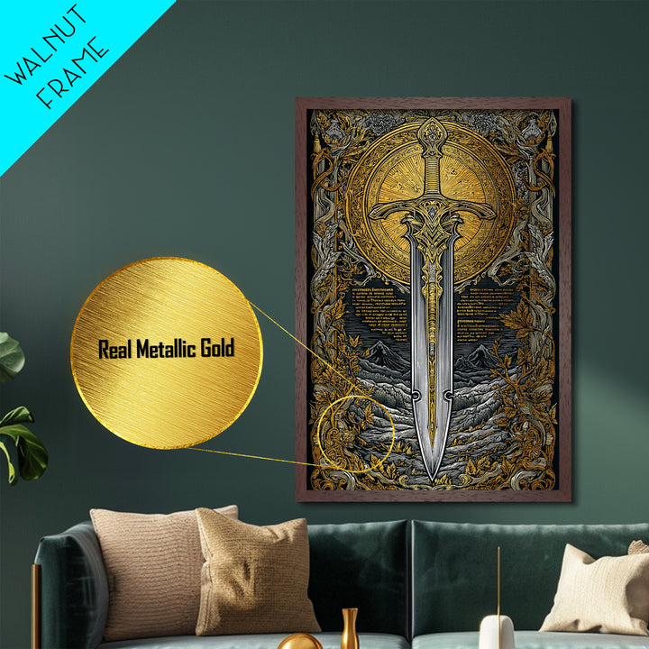 Mythical Sword Artwork, Celestial Blade And Sun Symbol Wall Art, Ornate Weapon Design, Ancient Inspired Decor, Metallic Gold Metal Print, Real Wood Frame
