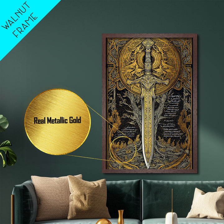Celestial Sword Artwork, Mythical Blade Surrounded By Ornate Sun Symbol, Ancient Weapon Design, Metallic Gold Metal Print, Real Wood Frame