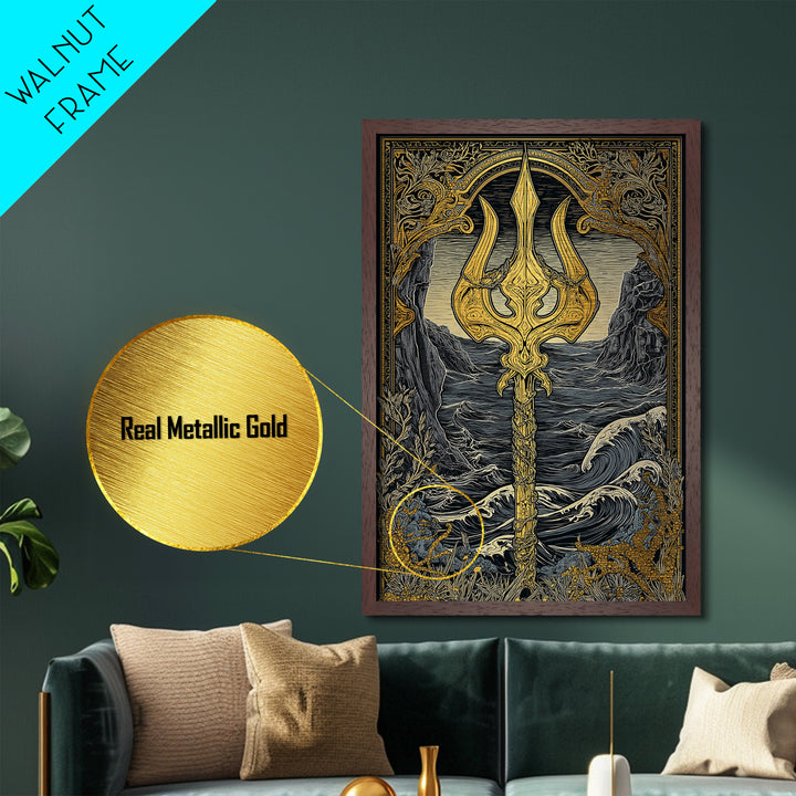 Mythical Trident Artwork, Ocean Waves And Ancient Sea God Symbol Wall Art, Nautical Decor, Metallic Gold Metal Print, Real Wood Frame