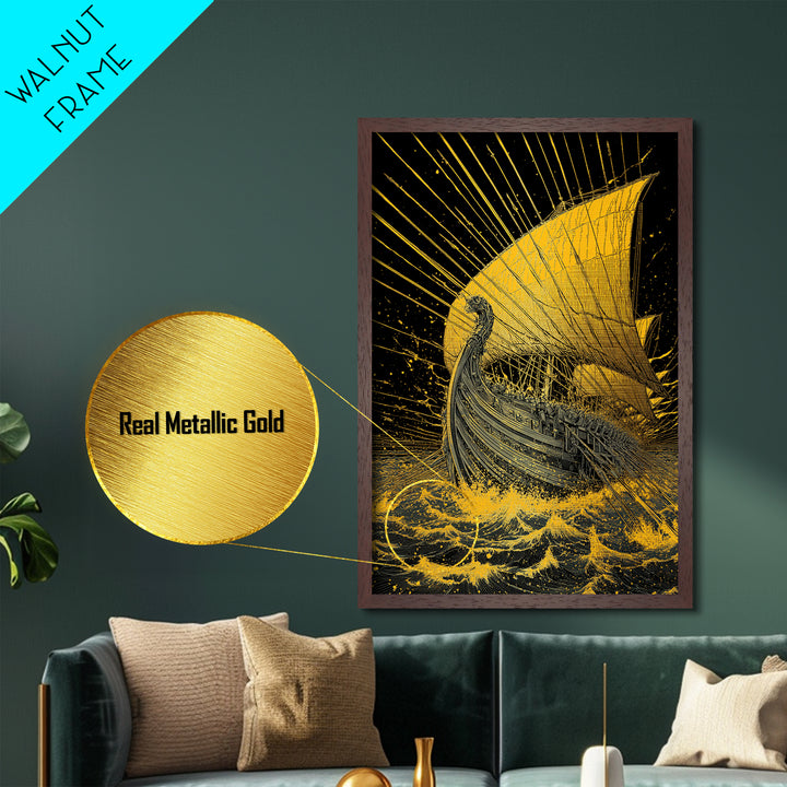 Metallic Gold Metal Print, Ancient Greek Ship Wall Art, Mythology Ocean Decor, Real Wood Frame, Historic Maritime Artwork