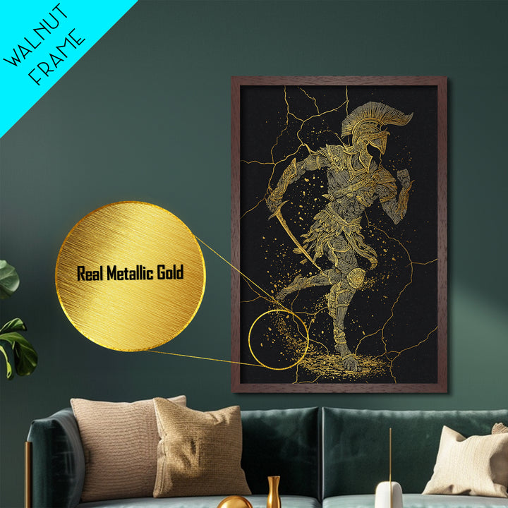 Metallic Gold Metal Print, Spartan Runner Wall Art, Mythology Warrior Decor, Real Wood Frame, Ancient Greek Hero Artwork