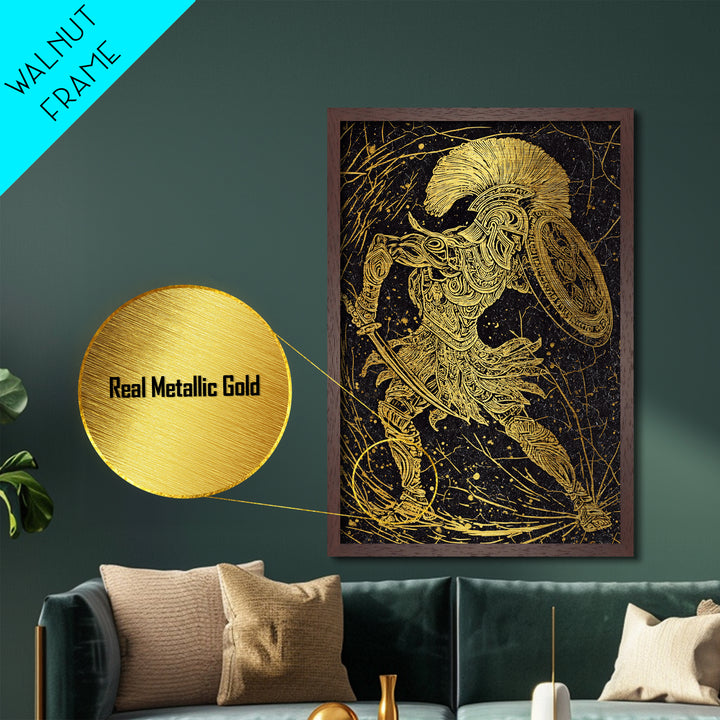 Metallic Gold Art, Ancient Greek Warrior With Shield, Mythology Inspired Wall Decor, Real Wood Frame, Heroic Battle Artwork