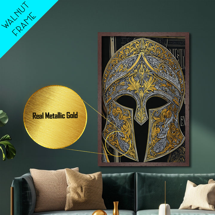Antique Spartan Helmet with Mythical Inscriptions – Metallic Gold Art, Real Wood Framed Metal Art, Aged Warrior Helmet Wall Art