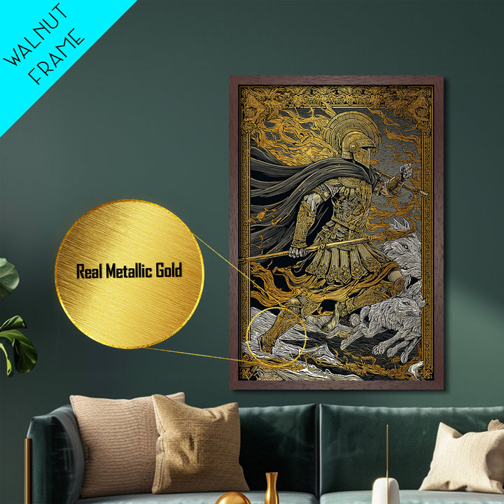 Ancient Warrior With Spear, Metallic Gold Metal Print, Mythology Wall Art, Battle Scene Decor, Real Wood Frame Epic Artwork