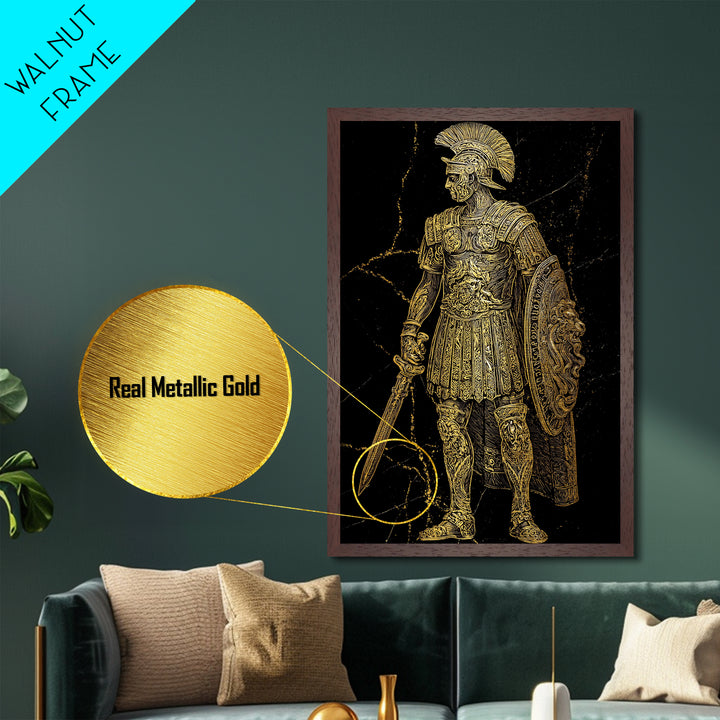 Roman Soldier With Lion Shield, Metallic Gold Metal Print, Gladiator Wall Art, Mythology Decor, Real Wood Frame Artwork