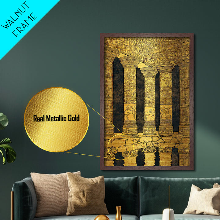 Ancient Greek Temple Columns, Metallic Gold Metal Print, Classical Architecture Wall Art, Historic Decor, Real Wood Frame Artwork
