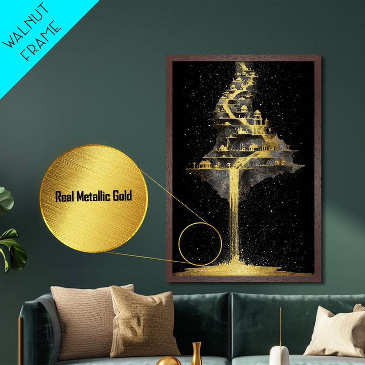 Floating Cosmic City Of Light, Metallic Gold Metal Print, Fantasy Architecture Wall Art, Real Wood Framed Home Decor