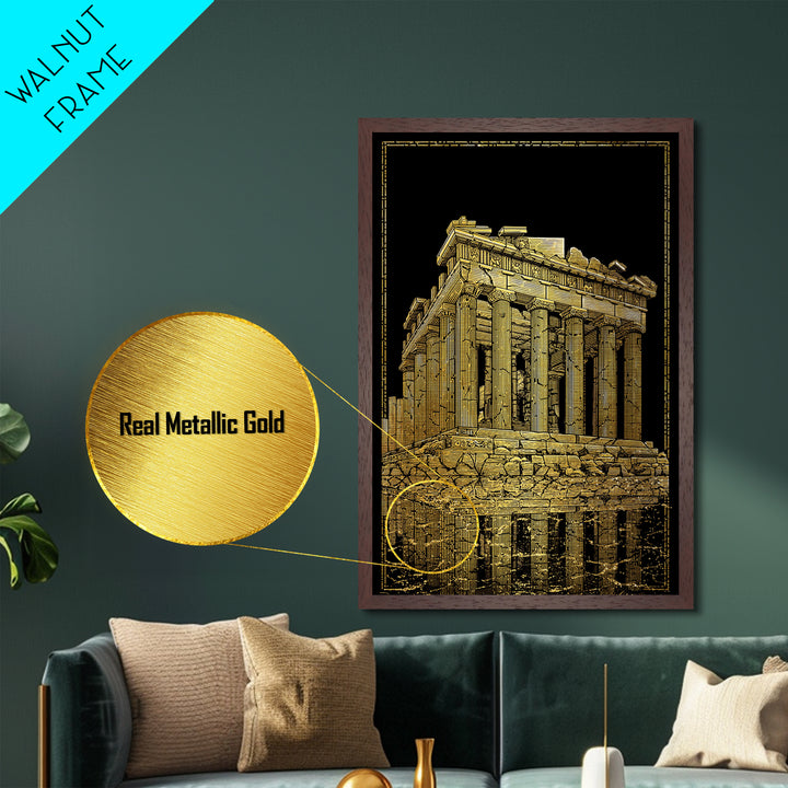 Ancient Ruins On Water Reflection, Metallic Gold Metal Print, Classical Greek Architecture Wall Art, Real Wood Framed Art