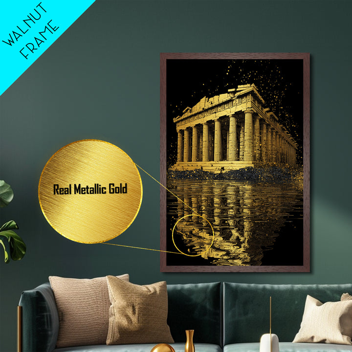 Parthenon Temple Reflection Shimmer, Metallic Gold Metal Print, Ancient Greek Architecture Artwork, Real Wood Framed Decor
