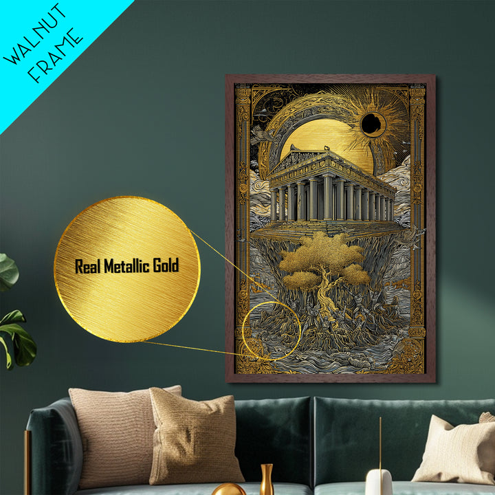Temple Under Eclipse Sun And Stars, Metallic Gold Metal Print, Mythical Fantasy Architecture Wall Art, Real Wood Framed Art