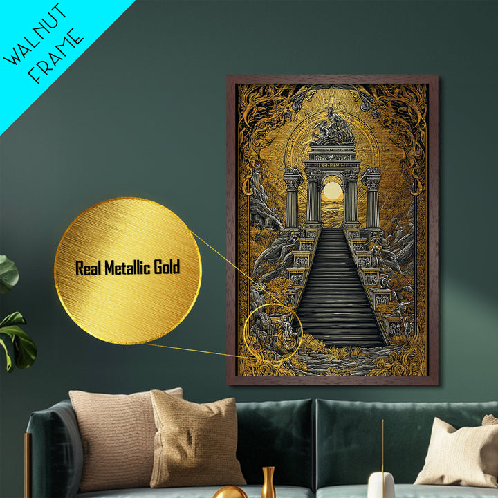 Grand Temple Archway And Stairs, Metallic Gold Metal Print, Mythical Ancient Architecture Artwork, Real Wood Framed Decor