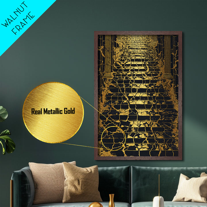 Cracked Marble Golden Stairway, Metallic Gold Art, Mythical Abstract Architecture Artwork, Real Wood Framed Wall Decor