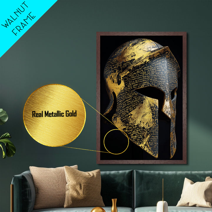 Heavily Ornamented Greek Helmet with Laurel Motif – Metallic Gold Art, Premium Framed Metal Art with Real Wood, Heroic Wall Display