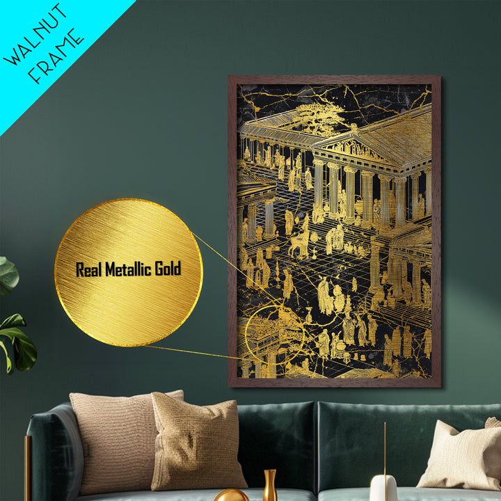 Ancient Marketplace With Temples, Metallic Gold Metal Print, Classical Greek Architecture Wall Art, Real Wood Framed Decor