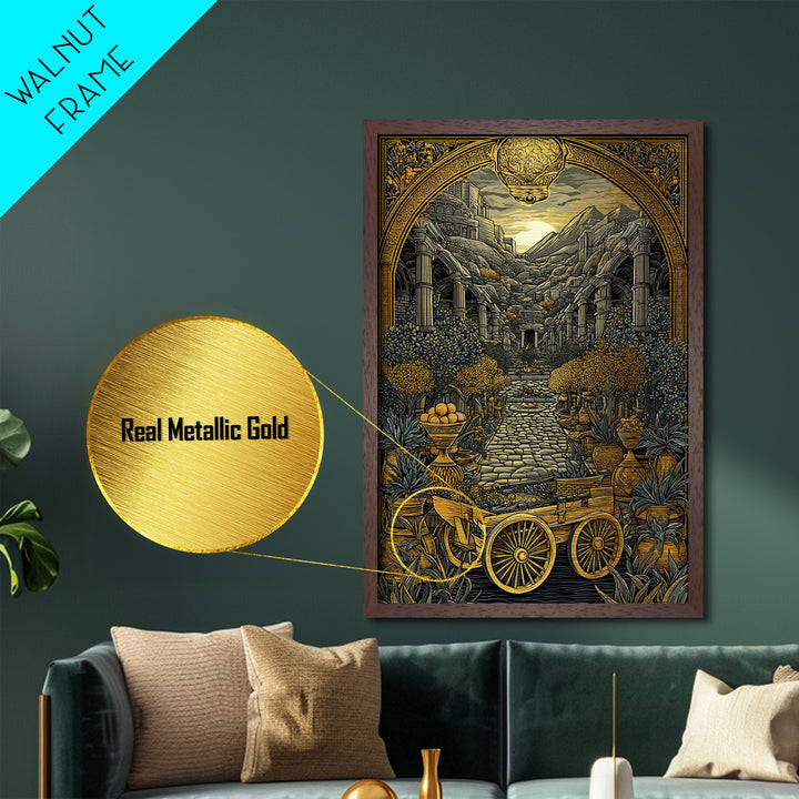Ancient Courtyard With Columns And Citrus Trees, Metallic Gold Metal Print, Mythical Garden Wall Art, Real Wood Framed Decor