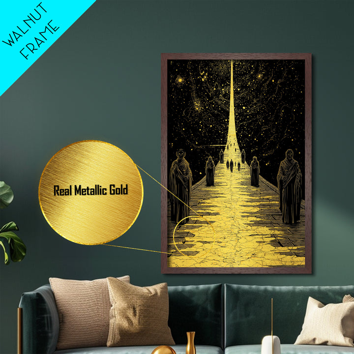 Celestial Path Of Golden Light, Metallic Gold Art, Mystical Night Sky Fantasy Print, Real Wood Framed Wall Artwork