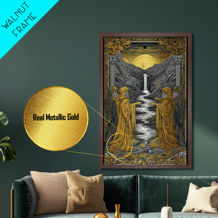 Golden Sun Over Waterfall Valley, Metallic Gold Metal Print, Mythical Landscape Fantasy Art, Real Wood Framed Wall Decor