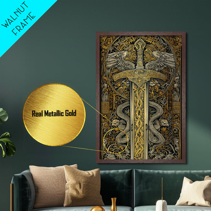 Ornate Sword With Serpents And Wings, Metallic Gold Metal Print, Medieval Fantasy Wall Art, Real Wood Framed Artwork
