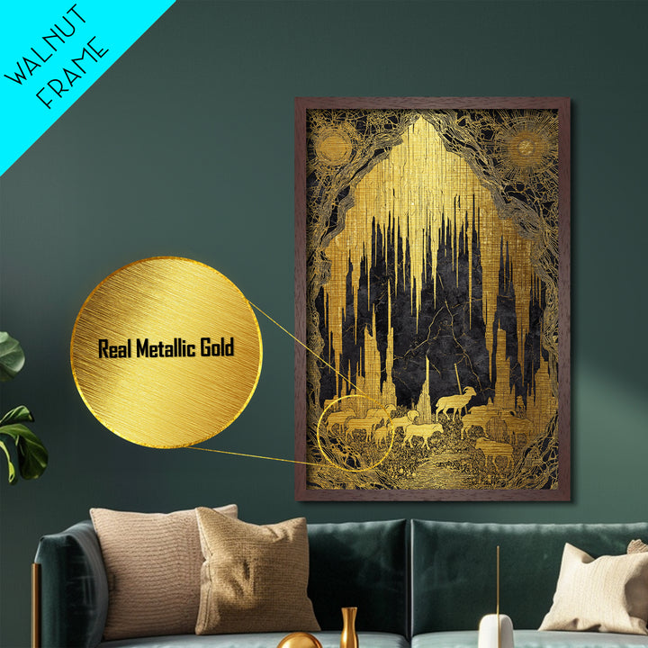 Golden Cave With Mountain Goats, Metallic Gold Metal Print, Mythical Nature Landscape Art, Real Wood Framed Wall Decor