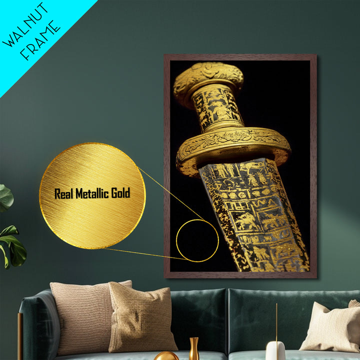 Ancient Sword With Etched Symbols, Metallic Gold Metal Print, Mystical Weaponry Wall Art, Real Wood Framed Artwork