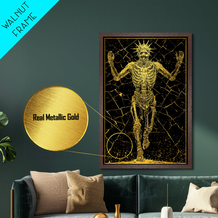 Golden Skeleton With Radiant Crown, Metallic Gold Art, Mythical Dark Fantasy Wall Print, Real Wood Framed Decor