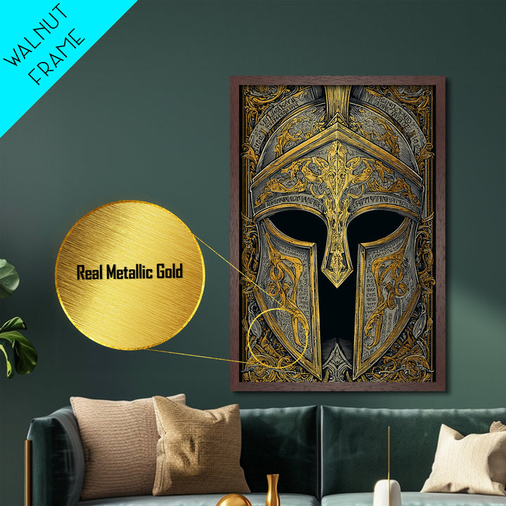Antiquity Helmet with Battle Scars and Etchings – Metallic Gold Art, Metal Art with Real Wood Frame, Spartan History Wall Print