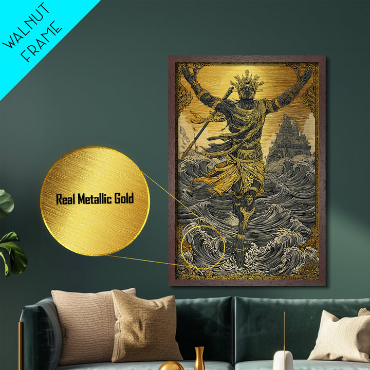 Sea God Statue Rising From Waves, Metallic Gold Metal Print, Mythical Ocean Fantasy Wall Art, Real Wood Framed Decor