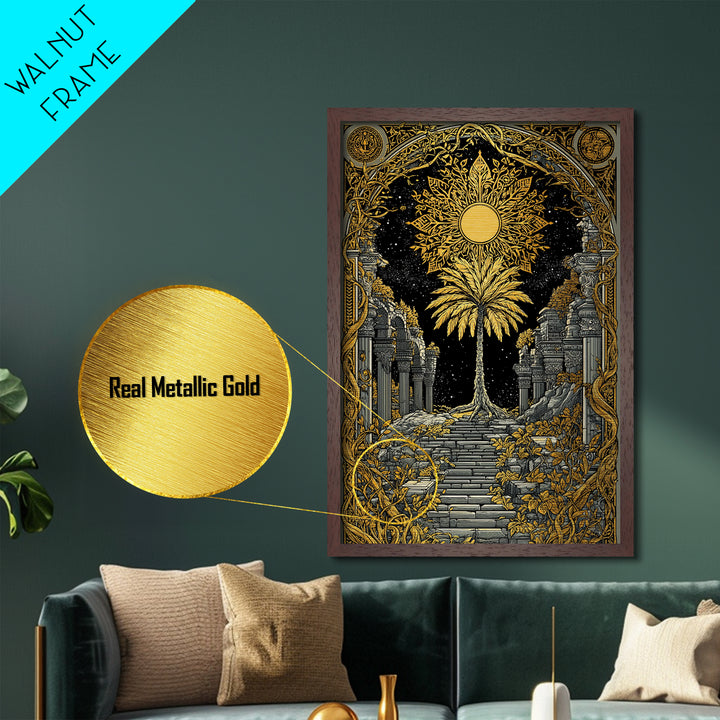 Golden Sun And Palm Metallic Gold Metal Print, Mythical Ruins Wall Art, Real Wood Frame Ancient Greece Decor