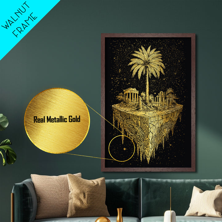 Floating Island Ruins Metallic Gold Art, Ancient Greek Temple Metal Print, Real Wood Frame Mythology Decor