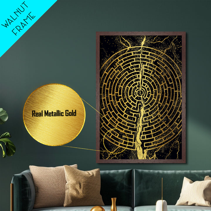 Circular Labyrinth Metallic Gold Art, Ancient Greek Maze Metal Print, Real Wood Frame Mythology Wall Decor