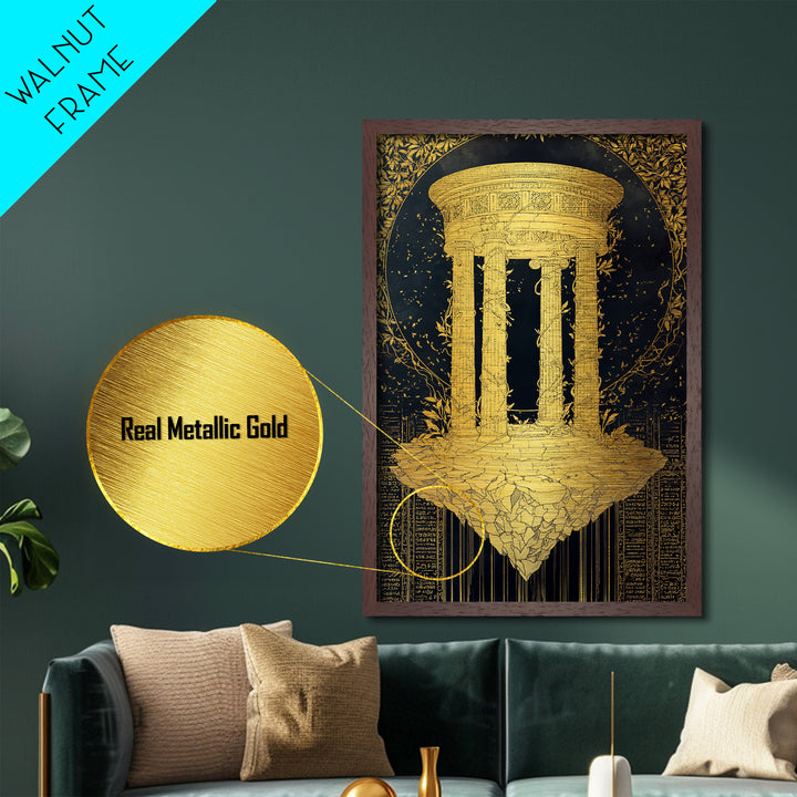 Floating Temple Metallic Gold Metal Print, Classical Architecture Art, Real Wood Frame Ancient Greece Decor