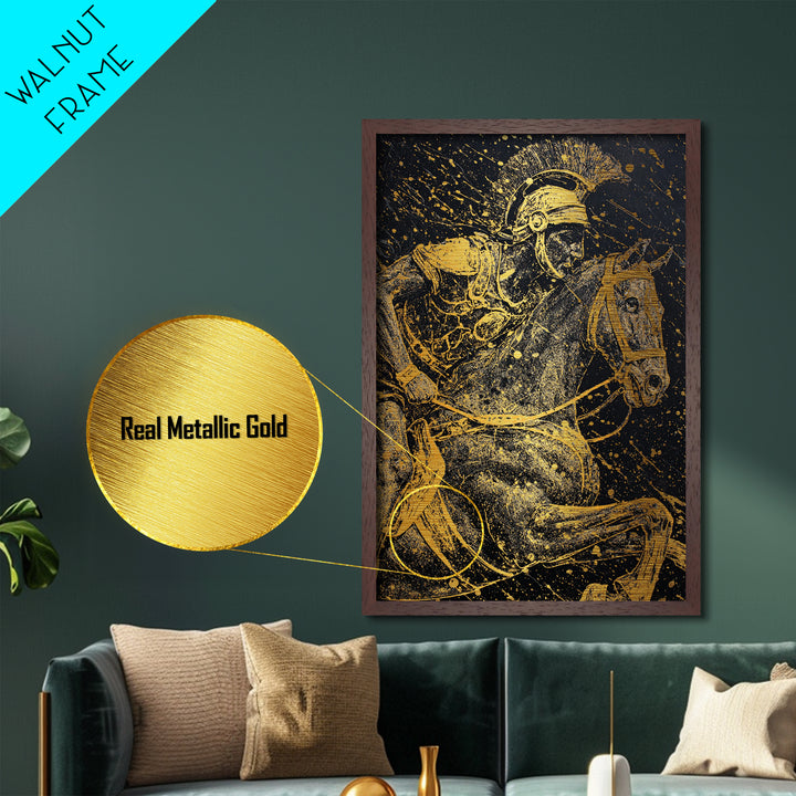 Spartan Horseback Warrior in Motion – Metallic Gold Art, Splatter Style Metal Art, Ancient Greek Military Wall Decor
