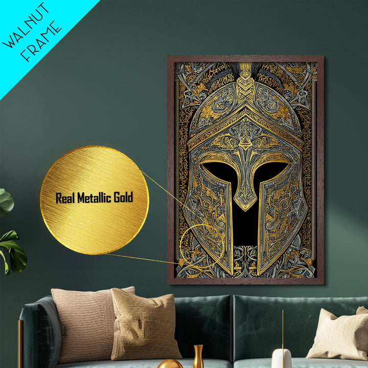 Runic-Inspired Spartan Helmet in Regal Filigree – Metallic Gold Art, Real Wood Framed Metal Art, Ancient Warrior Wall Feature