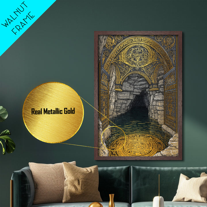 Golden Cave Entrance Metallic Gold Metal Print, Mythology Inspired Wall Art, Real Wood Frame Ancient Greece Decor
