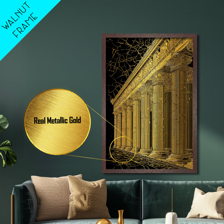 Ancient Parthenon Columns Metallic Gold Art, Classical Ruins Wall Decor, Real Wood Frame Metal Print Decor