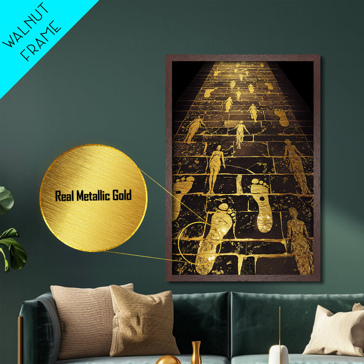 Golden Pathway Of Eternity, Mythic Footsteps, Metallic Gold Metal Print, Real Wood Frame Wall Art
