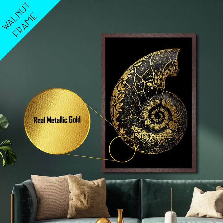 Golden Nautilus Fossil, Nature Inspired Abstract, Metallic Gold Metal Print, Real Wood Frame Wall Art