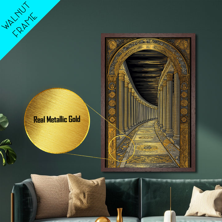 Endless Colonnade, Ancient Architecture Corridor, Metallic Gold Metal Print, Real Wood Frame Wall Art