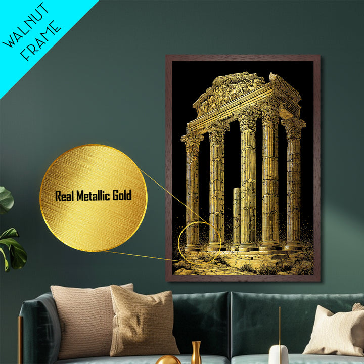 Greek Temple Ruins, Timeless Classical Columns, Metallic Gold Metal Print, Real Wood Frame Wall Art
