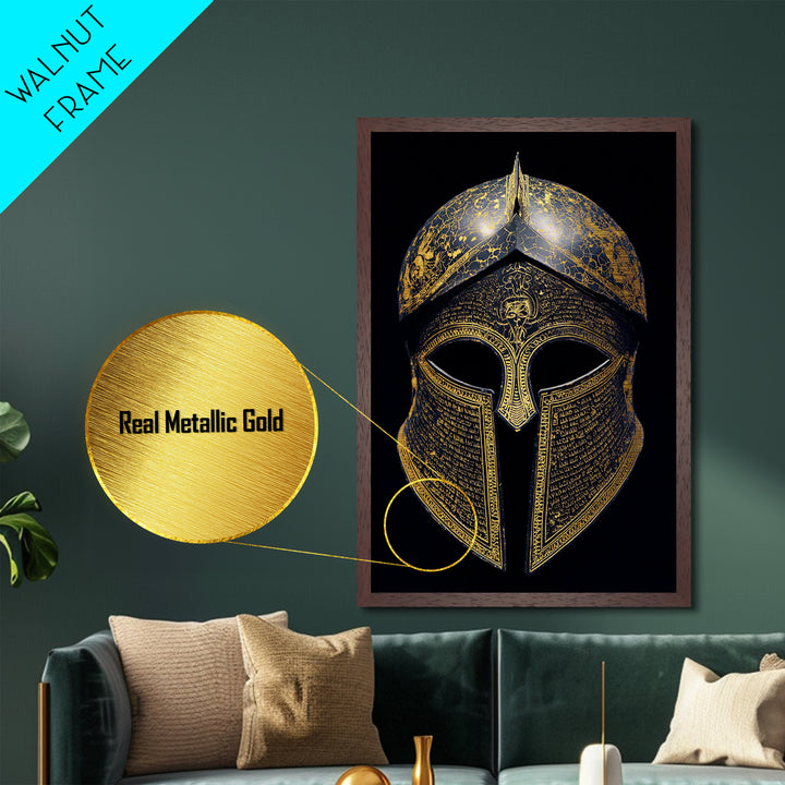 Ancient Greek Helmet with Cracked Texture and Text – Metallic Gold Art, Real Wood Frame Metal Art, Historical Spartan Wall Decor