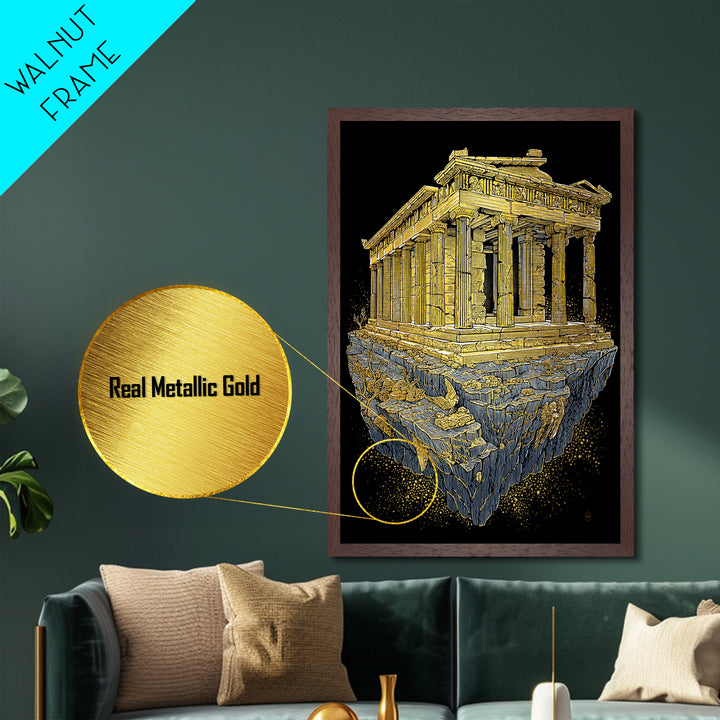 Floating Ancient Temple, Surreal Greek Ruins, Metallic Gold Metal Print, Real Wood Frame Wall Art