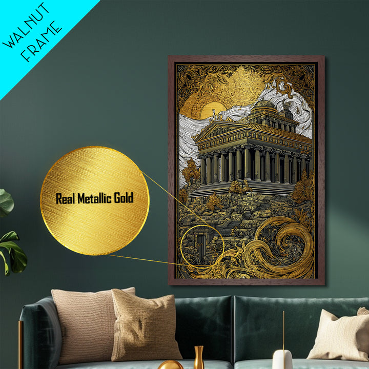 Greek Temple At Sunset, Ancient Architecture Wall Art, Metallic Gold Metal Print, Mythology Home Decor, Wood Frame