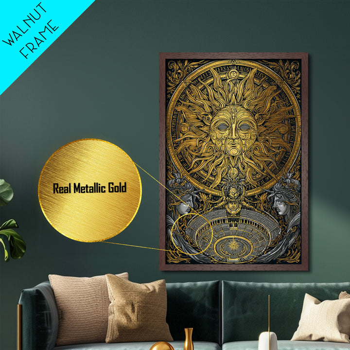 Sun God Face With Theater, Greek Mythology Wall Art, Metallic Gold Art, Dramatic Metal Print, Celestial Decor, Wood Frame
