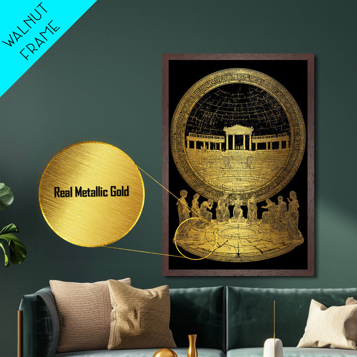 Greek Amphitheater With Muses, Ancient Mythology Wall Decor, Metallic Gold Metal Print, Classical Art, Wood Frame